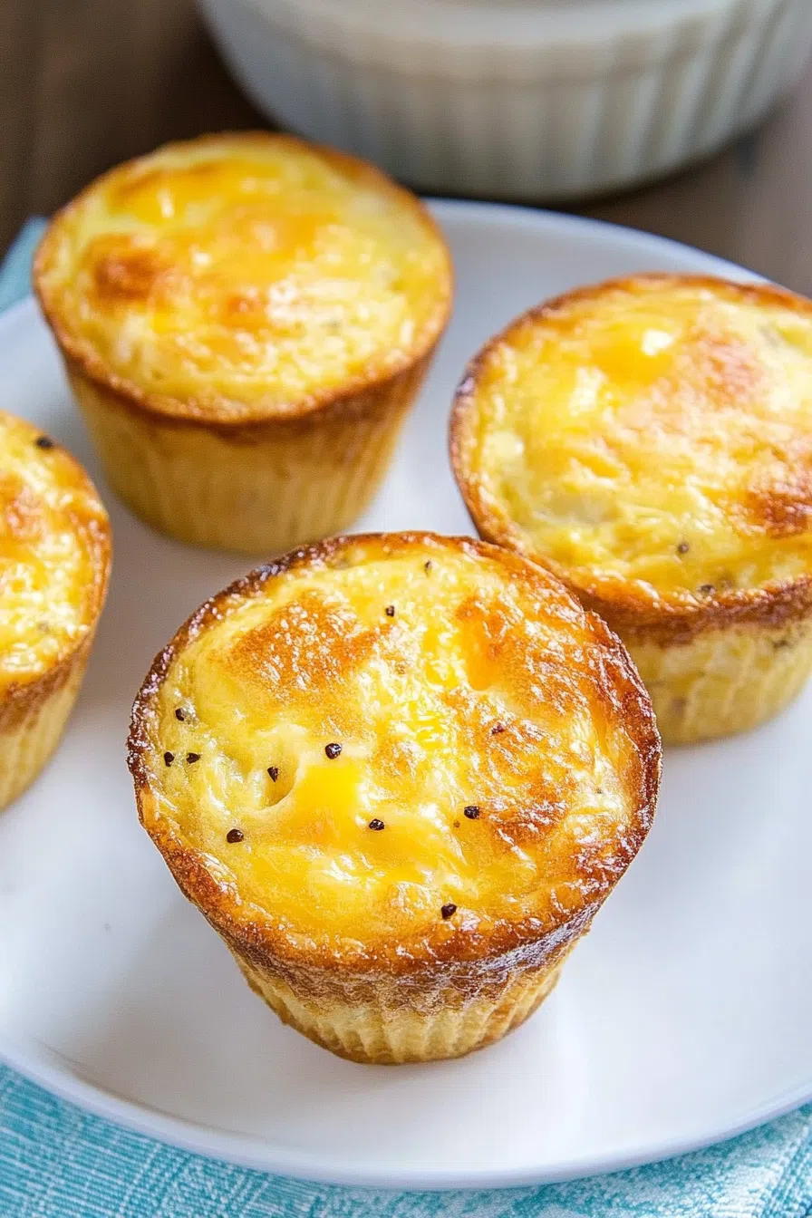Overhead view of bite-sized egg snacks served with a side of fruit.