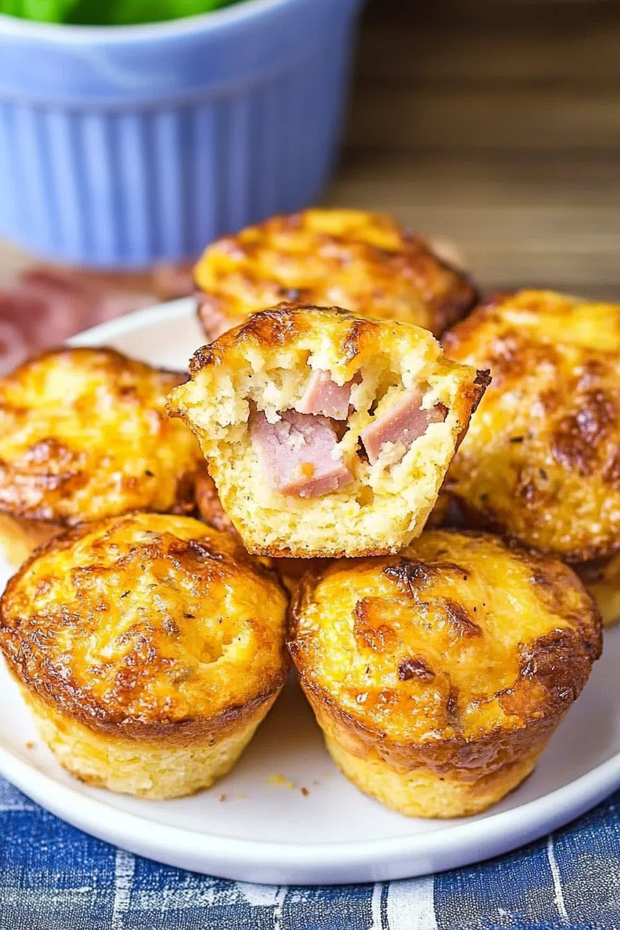 Cross-section of a muffin revealing diced ham and melted cheese.