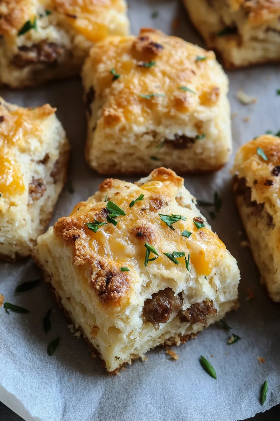 Side view of flaky biscuits on a cooling rack with melted cheese visible.