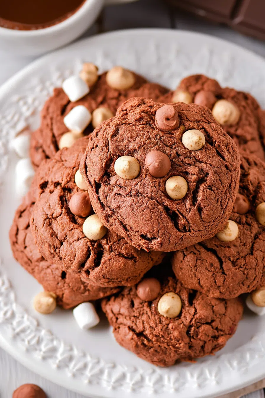Overhead view of cookies arranged on a plate next to a mug of cocoa.