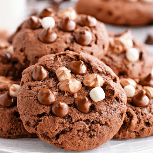Close-up of soft, chocolate cookies topped with mini marshmallows.
