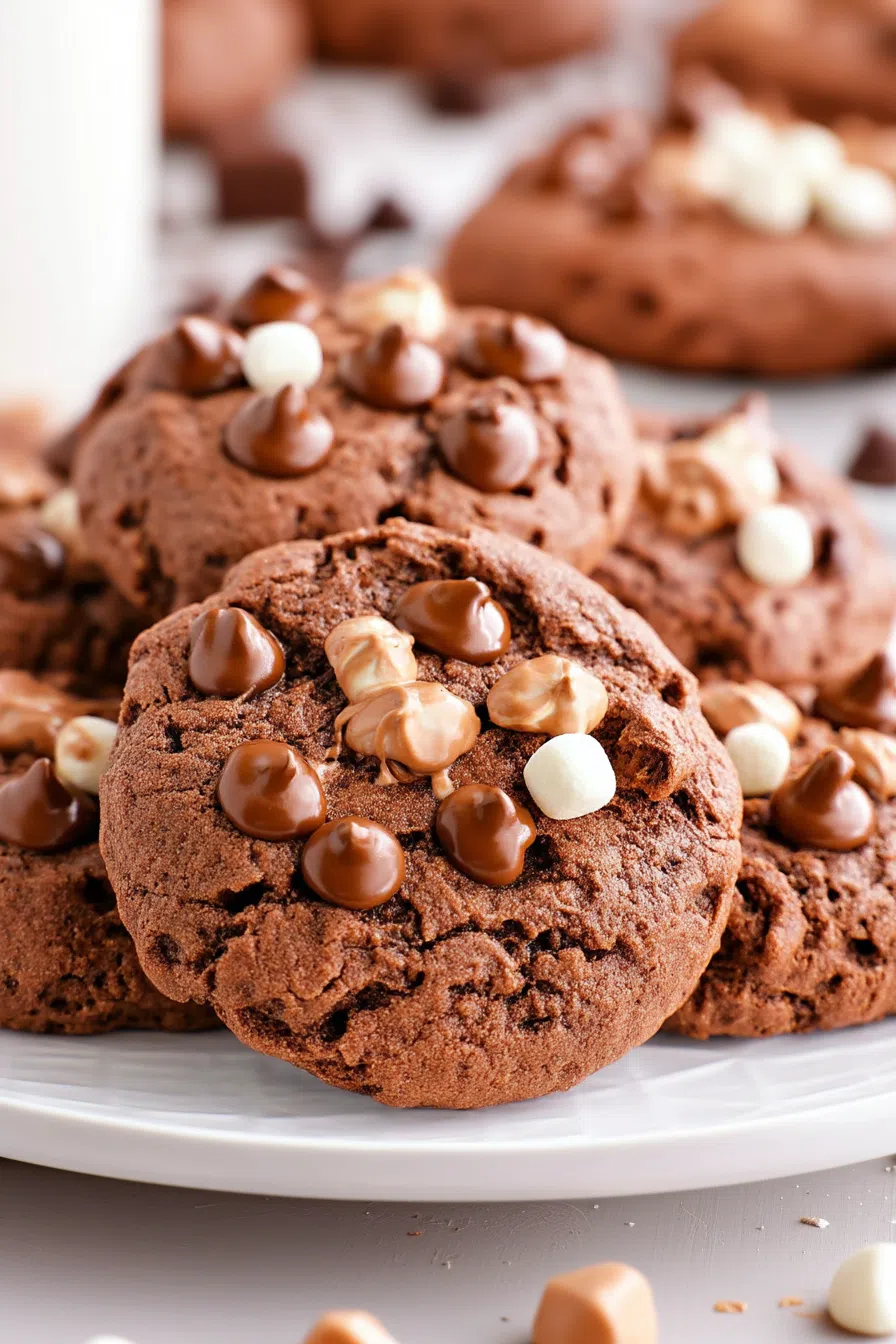 Close-up of soft, chocolate cookies topped with mini marshmallows.