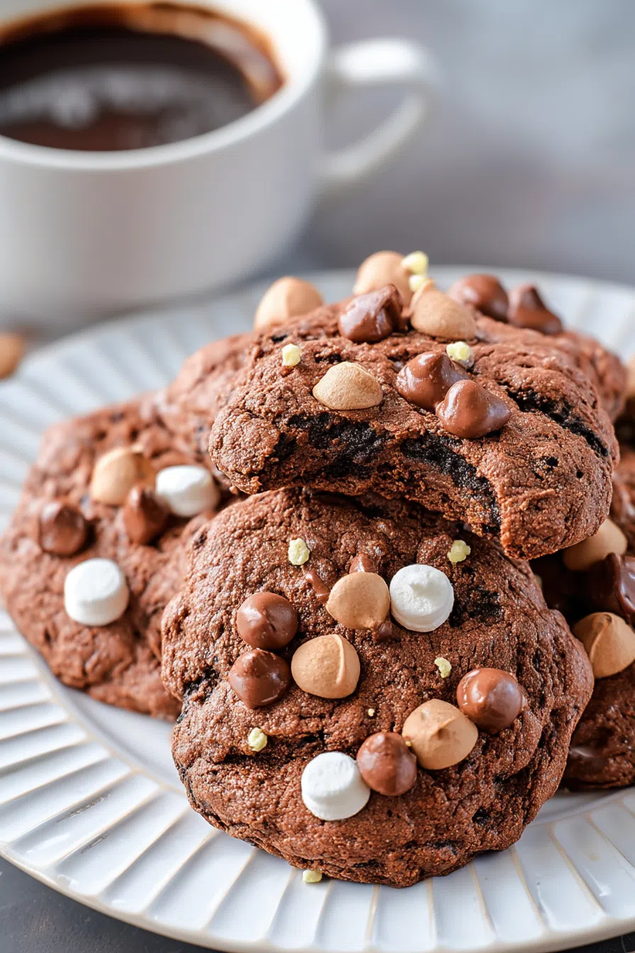 Close-up of a cookie broken in half, revealing the soft, chocolatey inside.