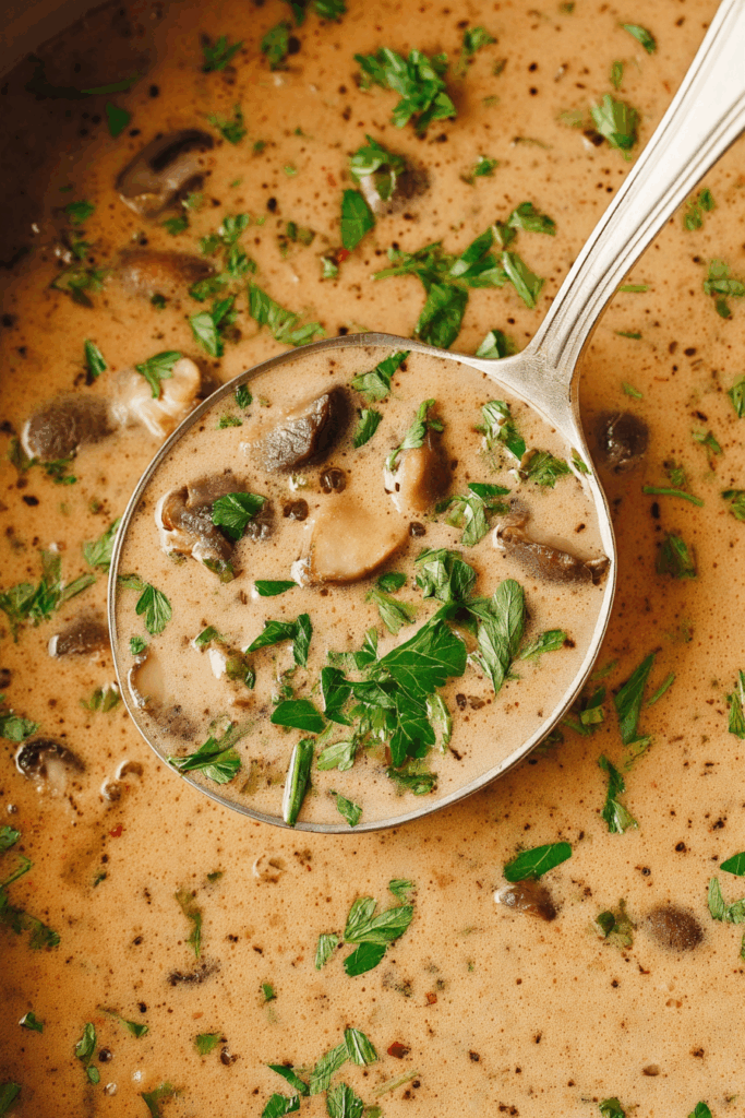 Warm, earthy soup ladled into a rustic dish with steam rising.