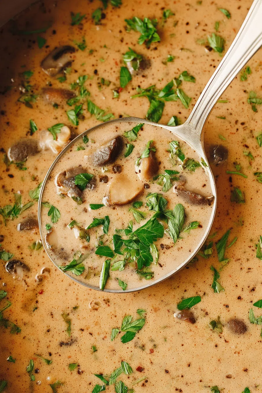 Warm, earthy soup ladled into a rustic dish with steam rising.