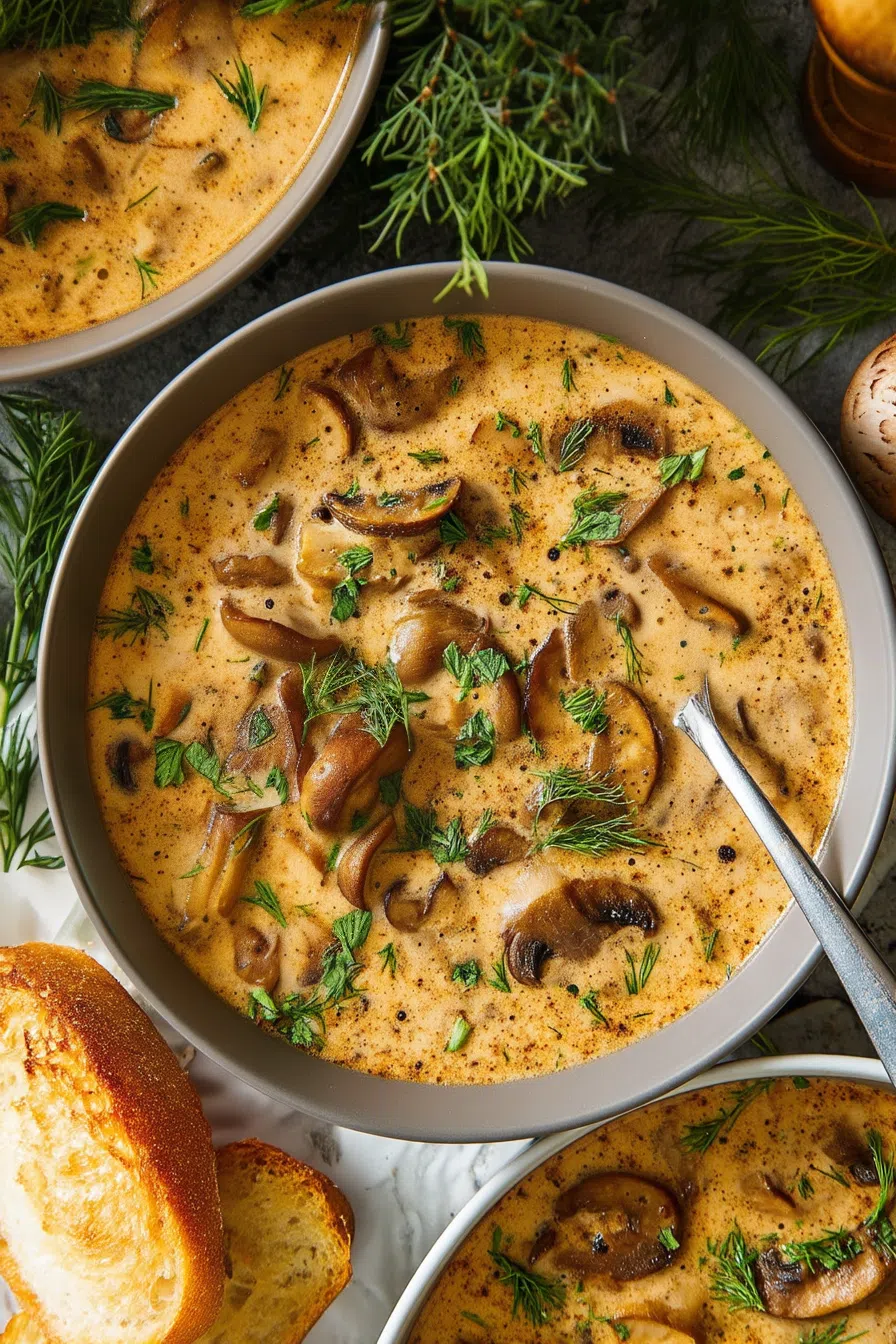 A comforting meal setting featuring a bowl of creamy soup and a spoon.