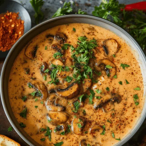 Close-up of a rich, savory soup in a ceramic bowl on a wooden table.