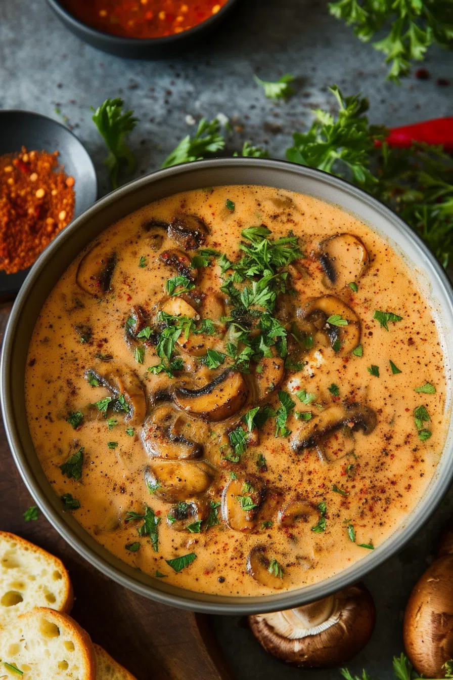 Close-up of a rich, savory soup in a ceramic bowl on a wooden table.