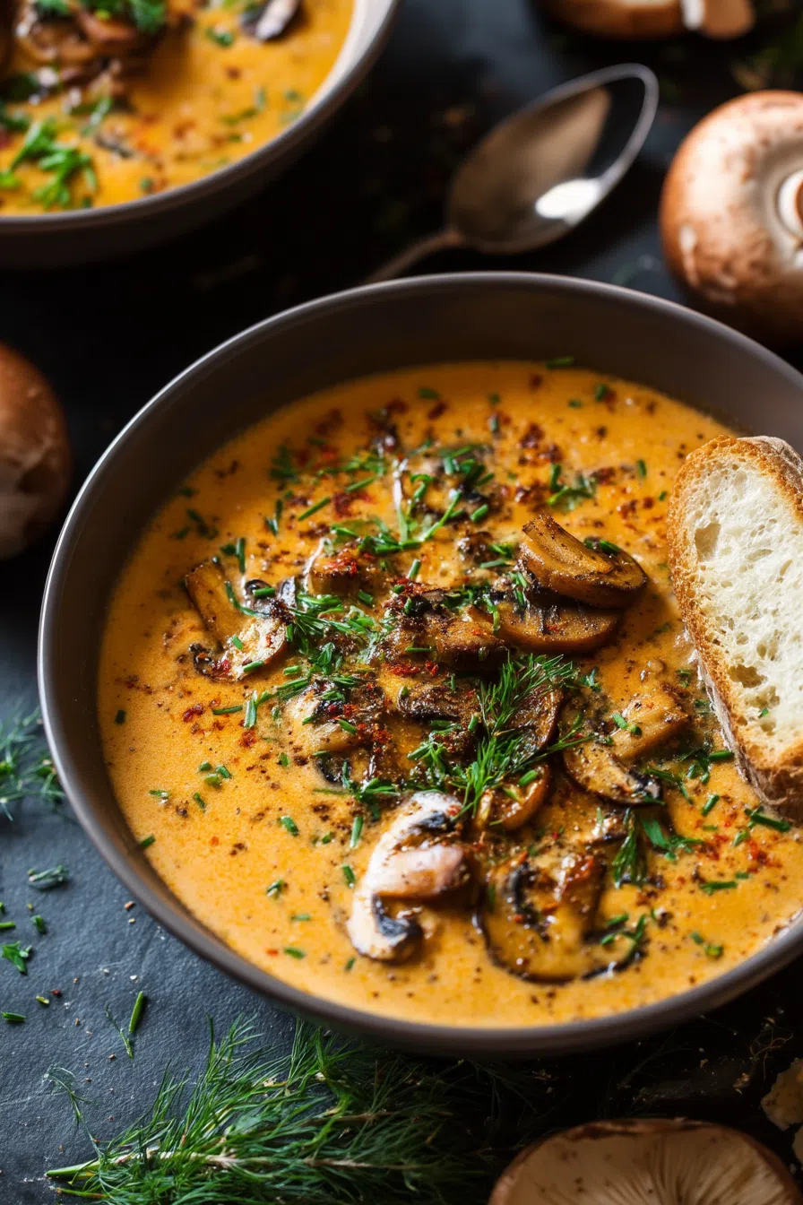 Overhead shot of a hearty mushroom soup served with crusty bread.