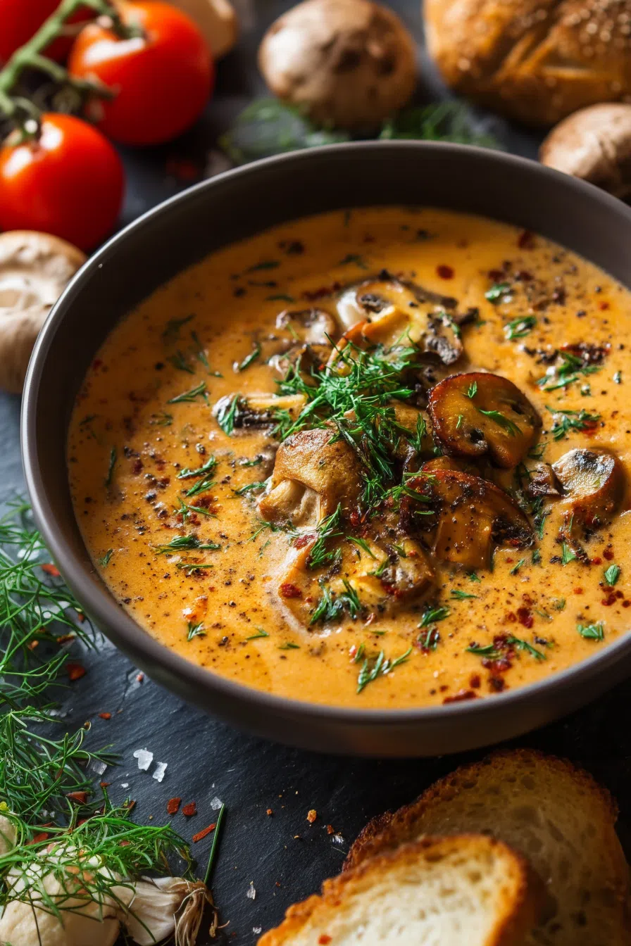 Bowl of creamy soup garnished with fresh dill and a swirl of sour cream.