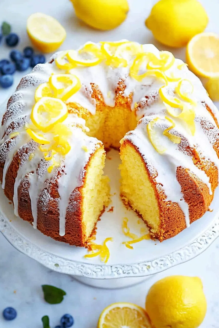 Overhead view of a loaf cake served with fresh citrus on the side.