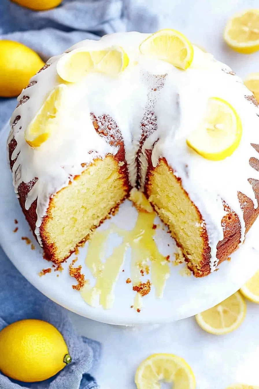 Full loaf with a glossy icing, surrounded by a few citrus wedges for color.