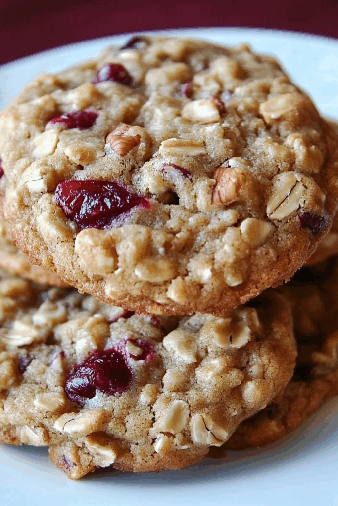 Close-up view of freshly baked cookies with golden edges and visible oats.