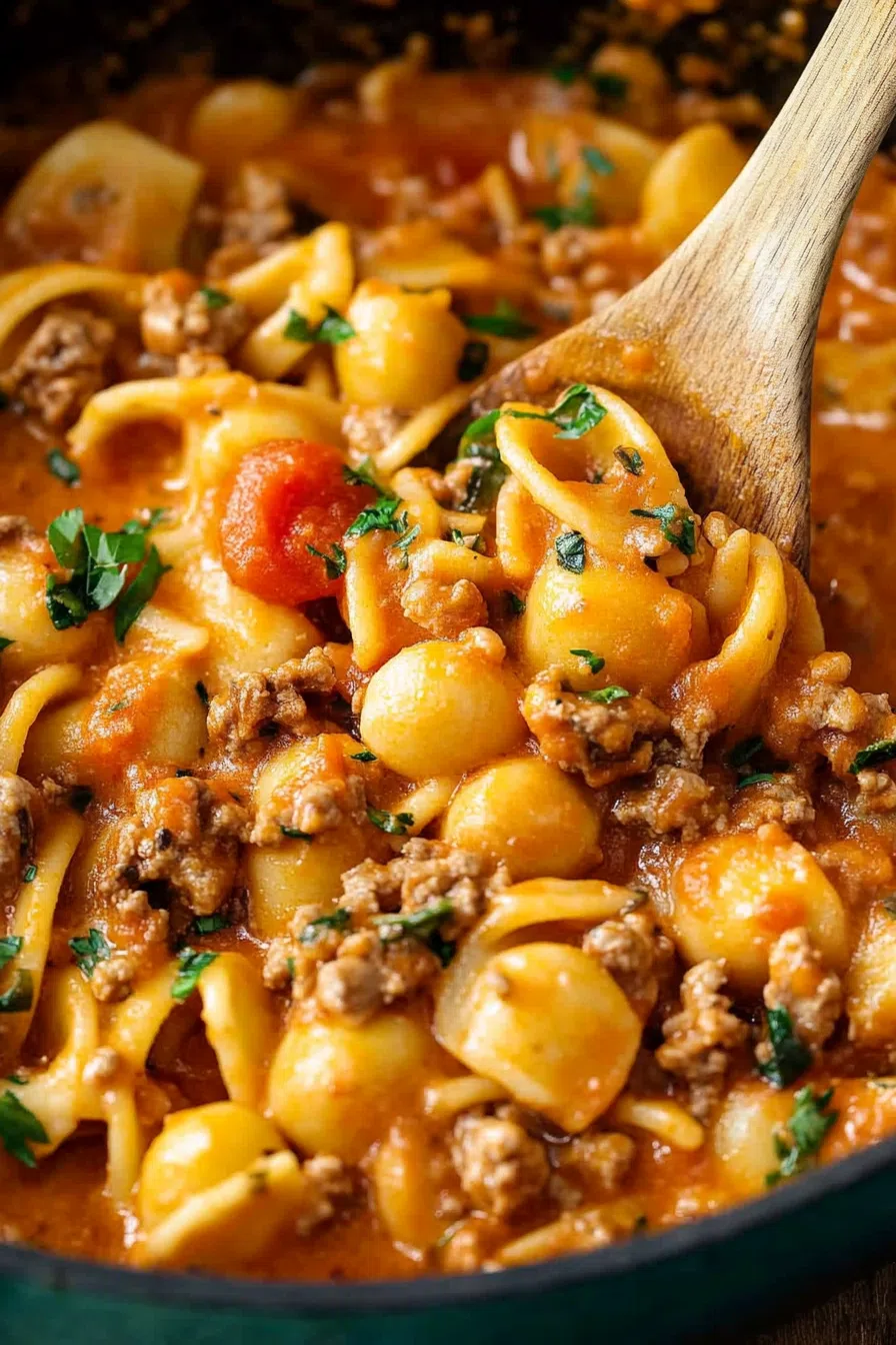 Close-up of a hearty, Tex-Mex inspired meal in a skillet.