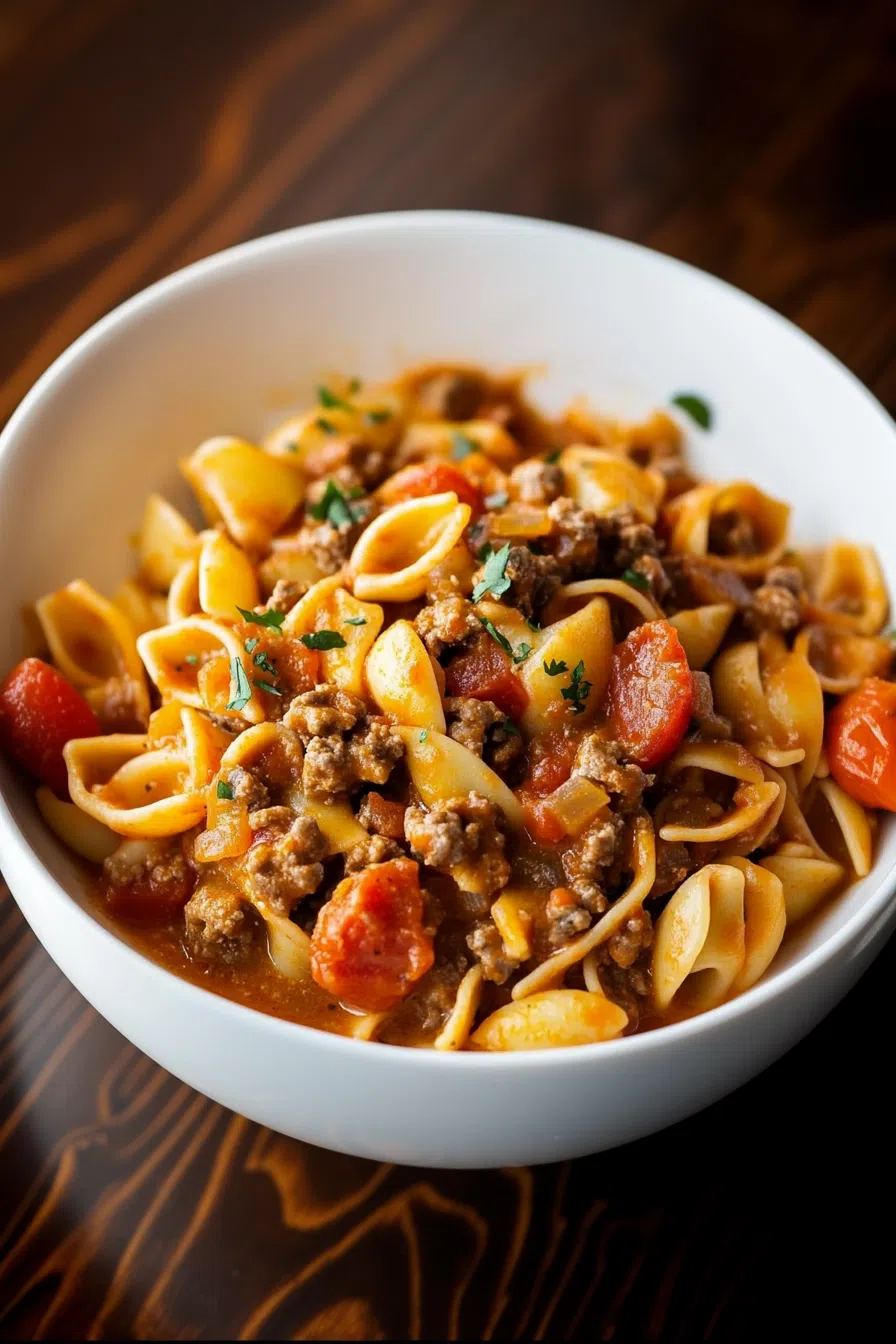 Colorful pasta dinner with melted cheese and fresh herbs.