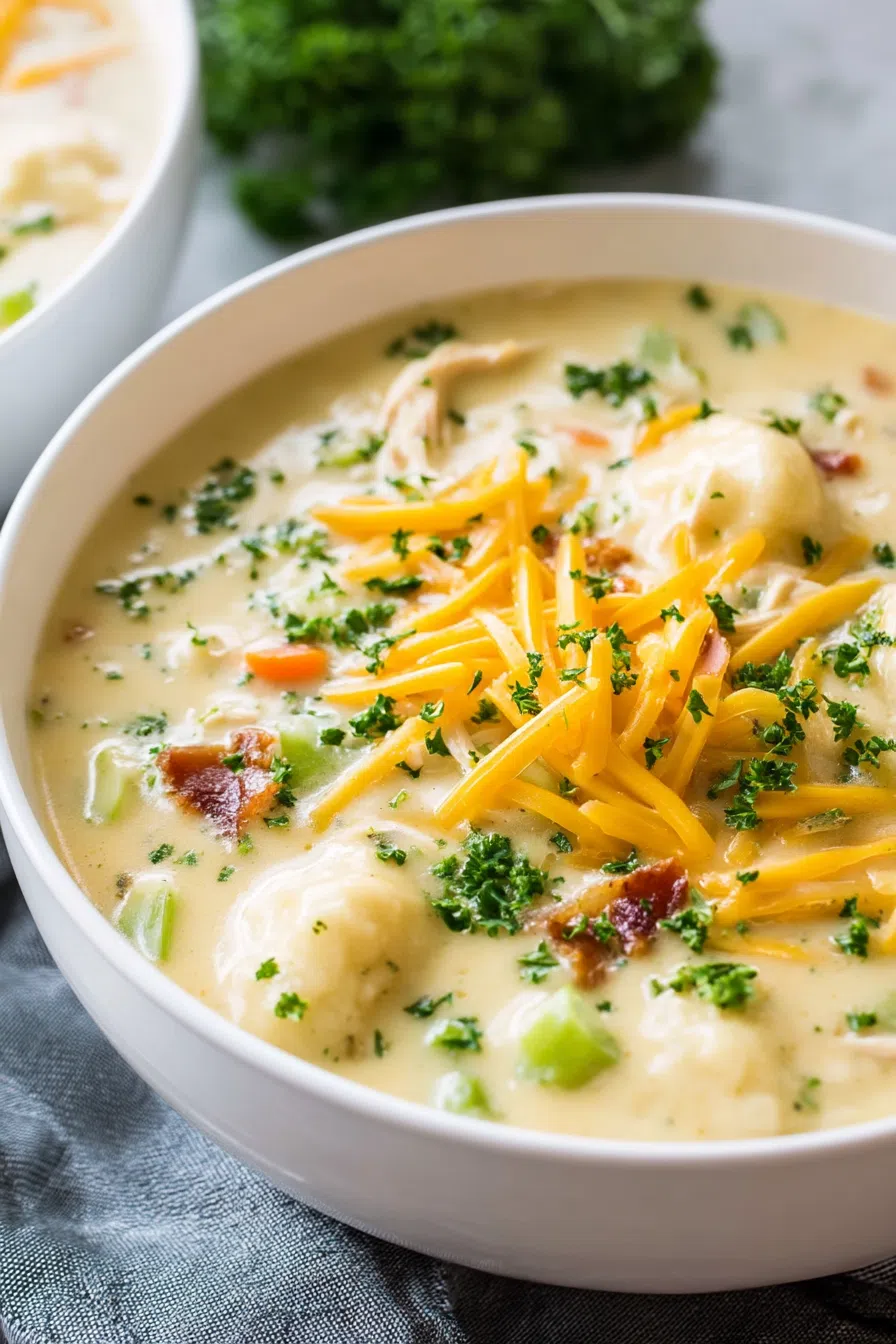 A close-up of a thick, velvety broth with green florets and golden topping.