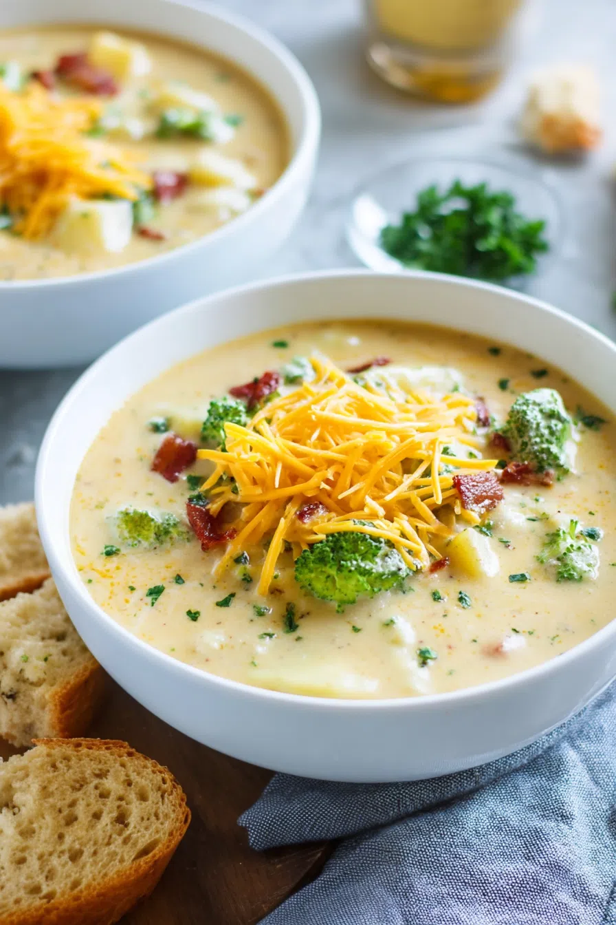 A cozy table scene with soup served alongside crusty bread and a drink.