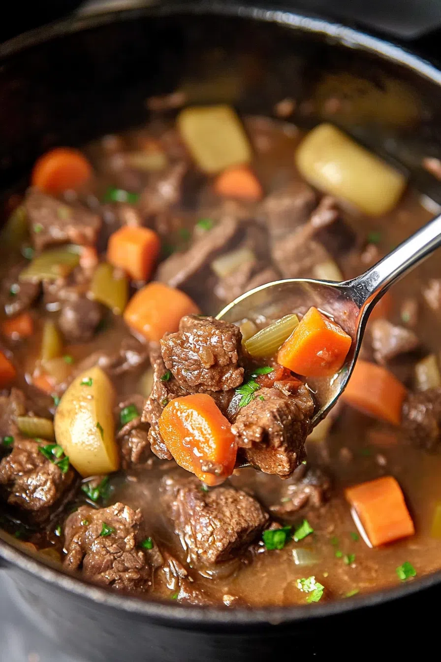 Close-up of a savory spoonful featuring slow-cooked vegetables and beef in gravy.