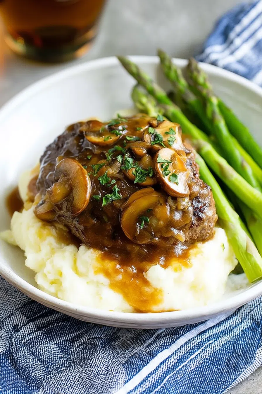 Comfort food meal plated with creamy potatoes and glazed meat in a warm-toned setting.