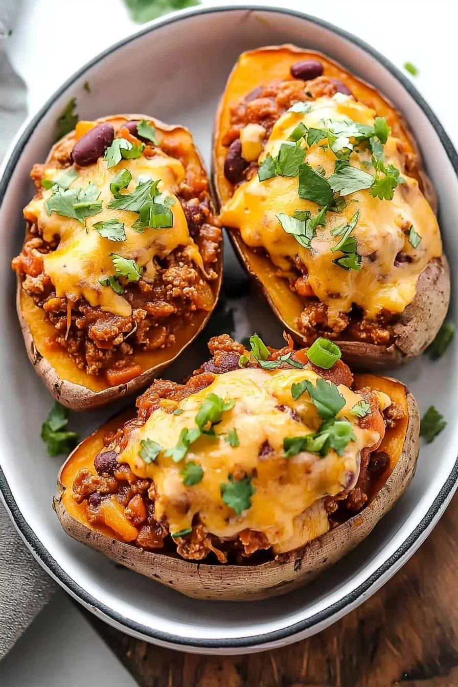 Plated comfort food featuring a golden potato and rich, meaty topping.