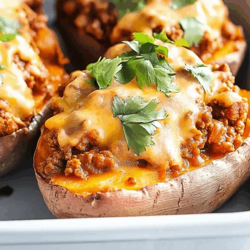 Close-up of a fluffy potato split open and filled with a warm, chunky mixture.