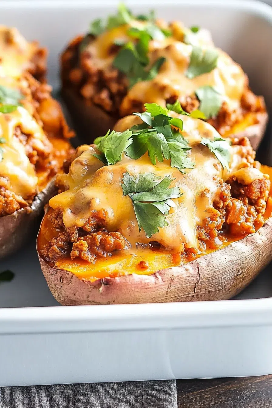 Close-up of a fluffy potato split open and filled with a warm, chunky mixture.