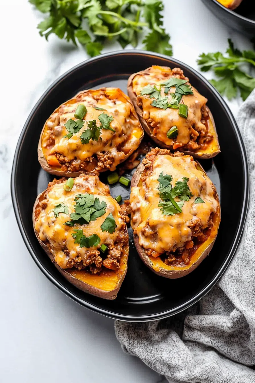 Overhead shot of a cozy dinner plate featuring a baked potato topped with savory stew.