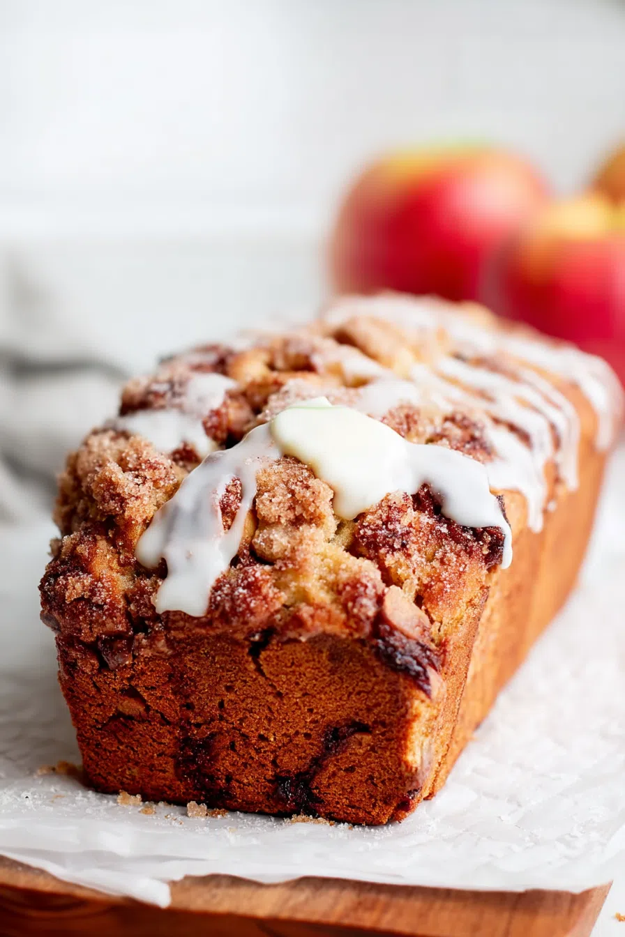 Golden brown loaf resting on parchment paper with visible swirls of cinnamon.
