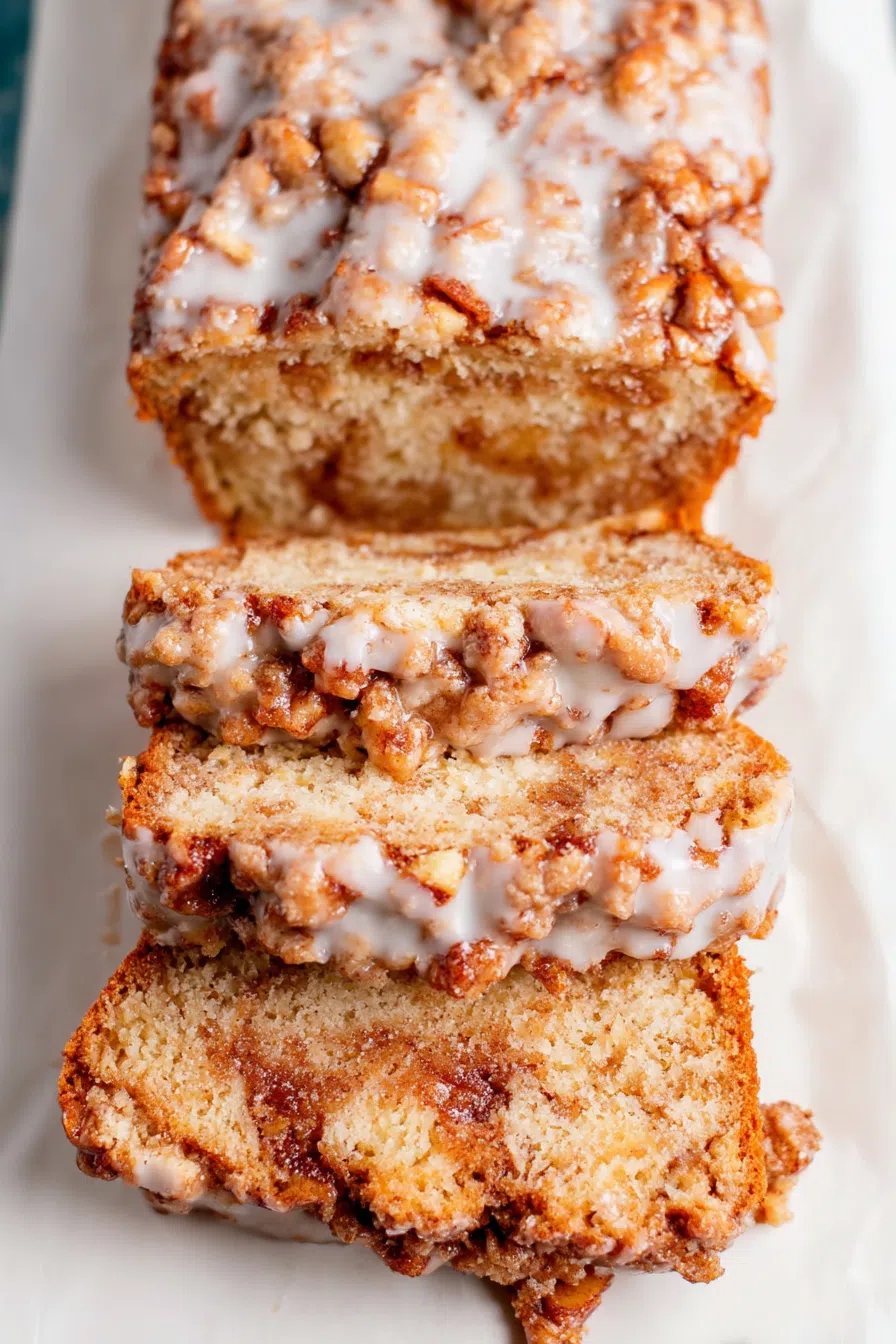 Sliced sweet bread showing chunks of apple and swirls of cinnamon throughout.