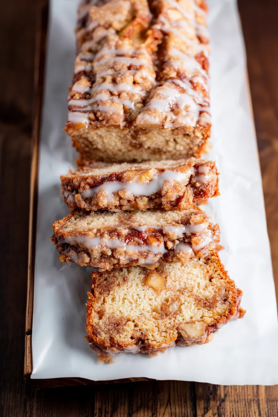 Overhead view of a glazed loaf on parchment paper with a few crumbs around.