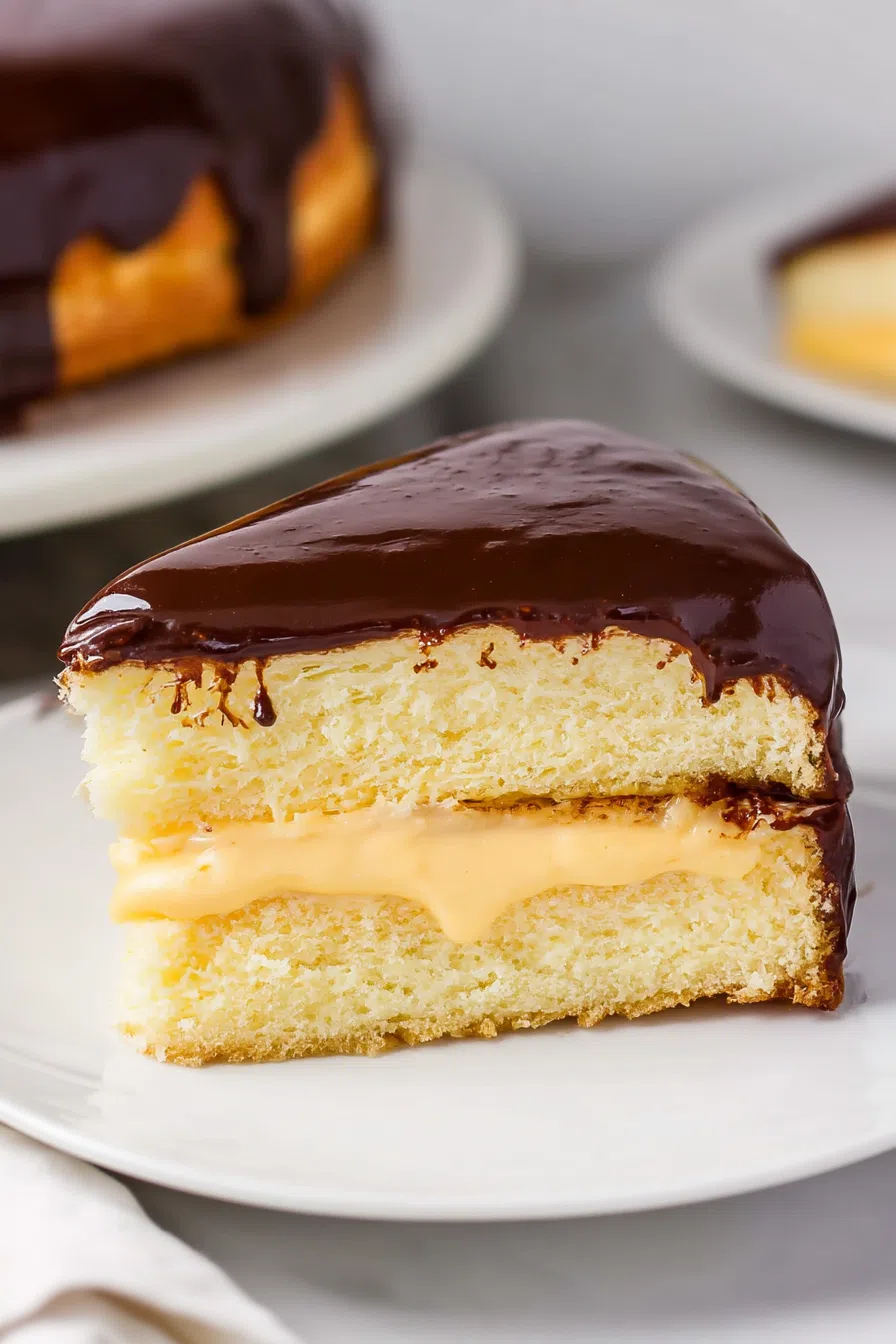 Serving plate with a neatly sliced cake, highlighting the contrast between layers.