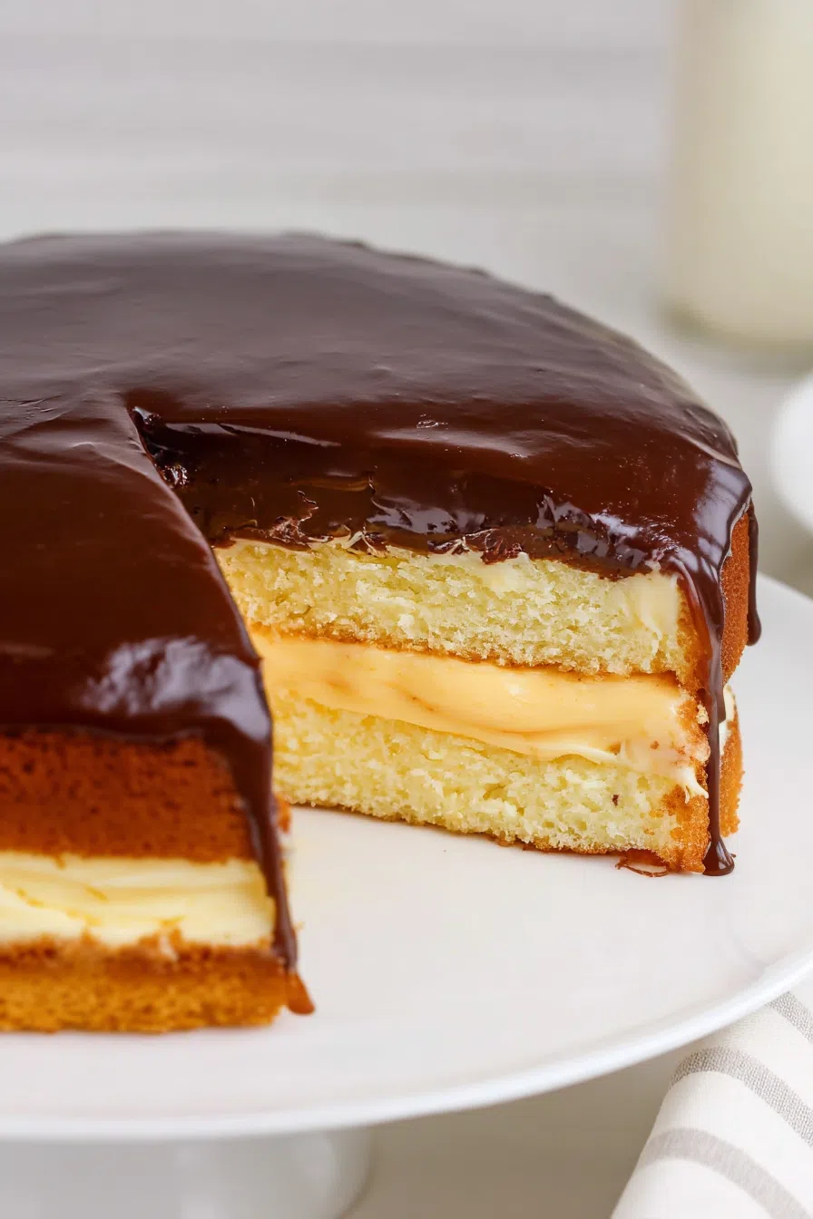 Close-up of a layered cake with custard center and smooth ganache.