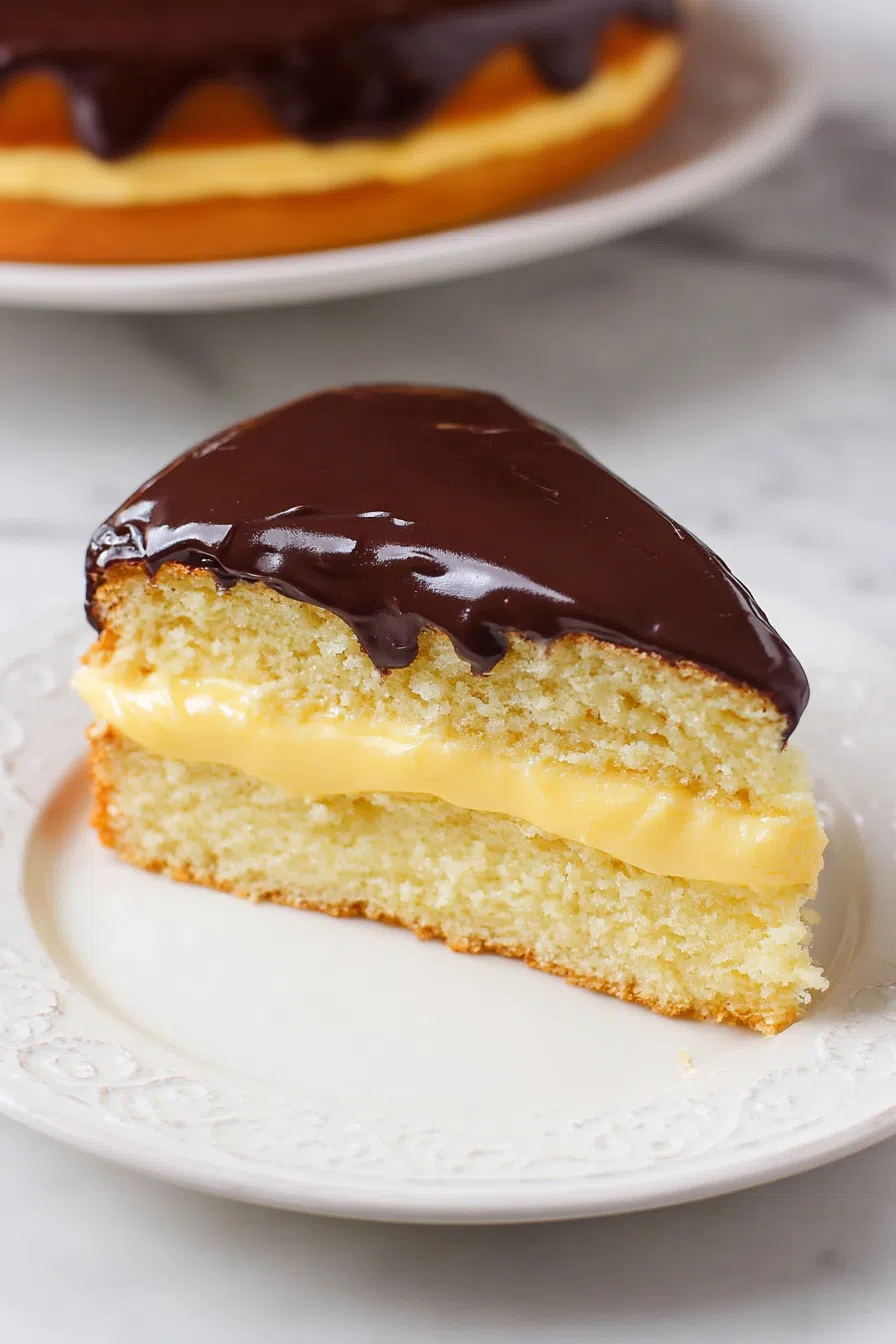 A sliced dessert showing creamy filling and glossy chocolate topping.