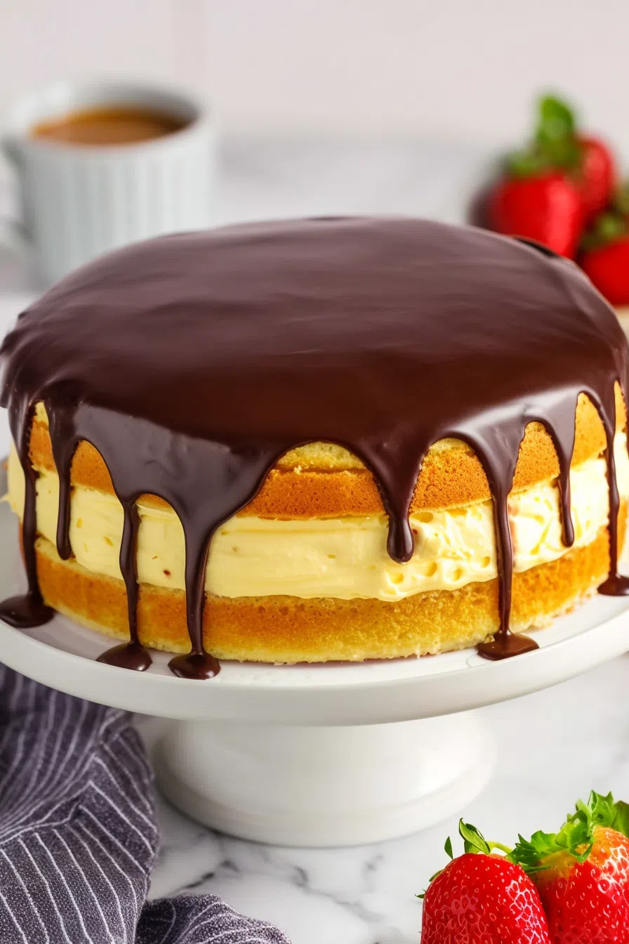 A round cake topped with glossy chocolate glaze, displayed on a white cake stand.
