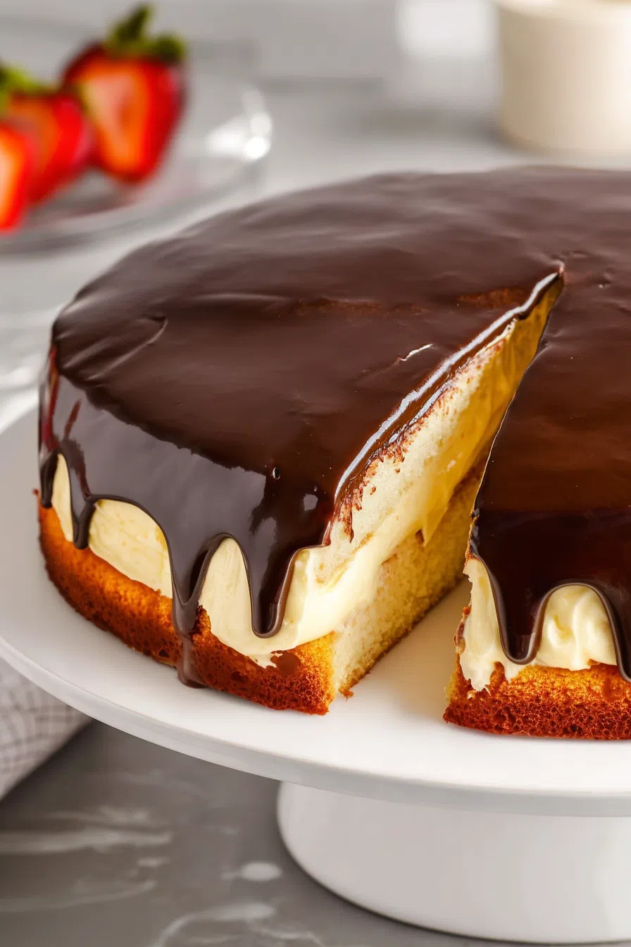 Side view of a chilled, chocolate-covered dessert with clean-cut edges.