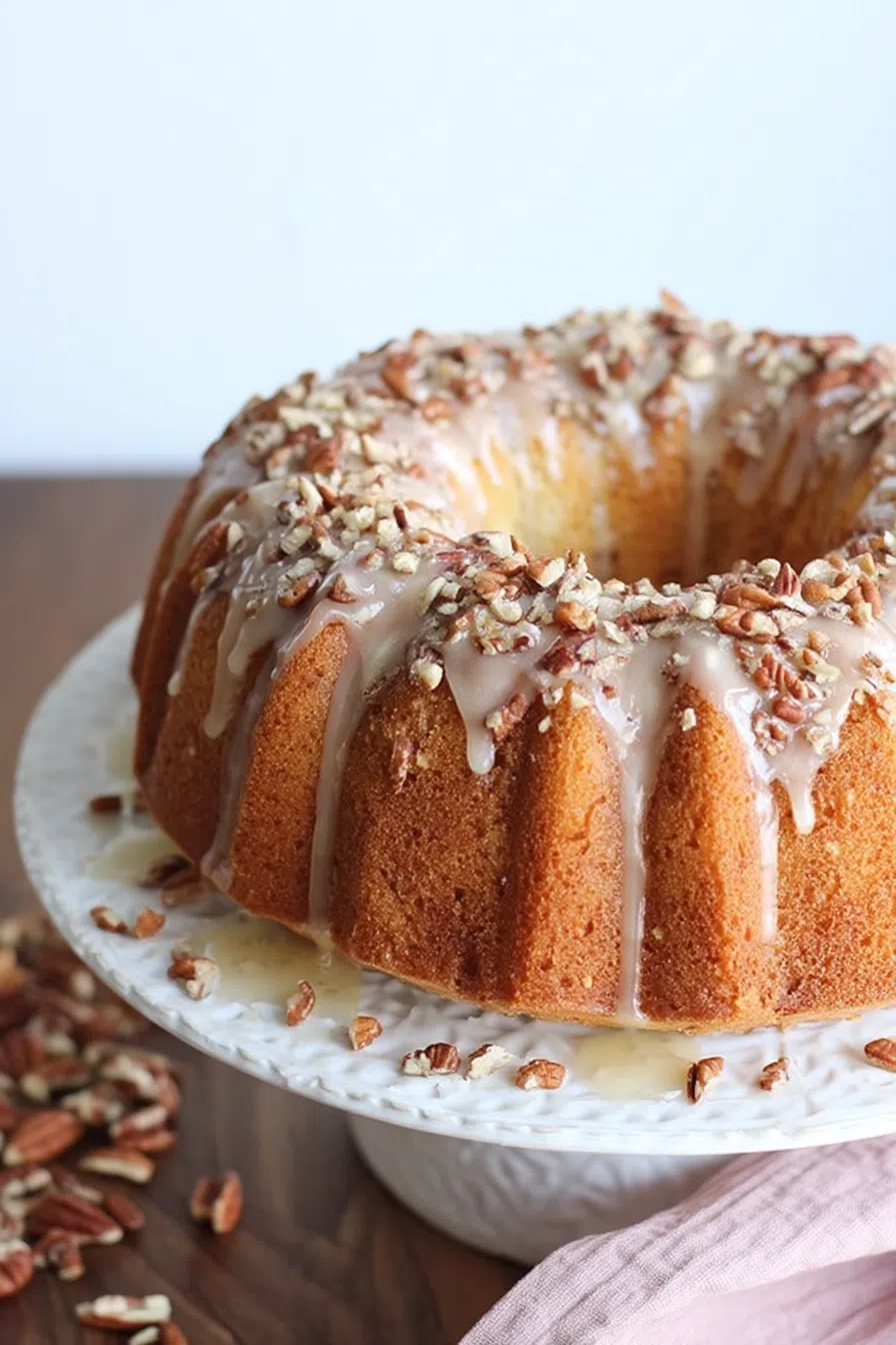 Dessert plated with a drizzle of icing and a few pecans for garnish.
