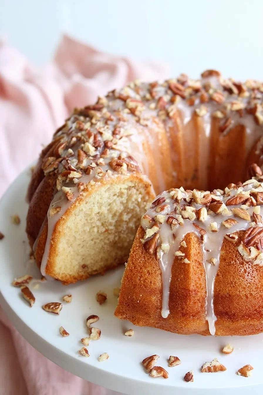 Moist golden cake slice with a glossy glaze and pecan topping on a white plate.
