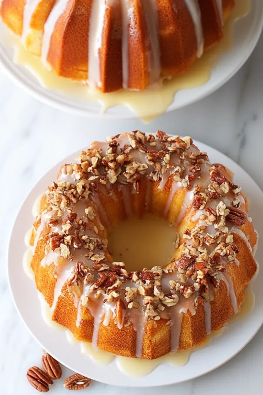 Overhead view of a bundt-style dessert with chopped nuts scattered on top.