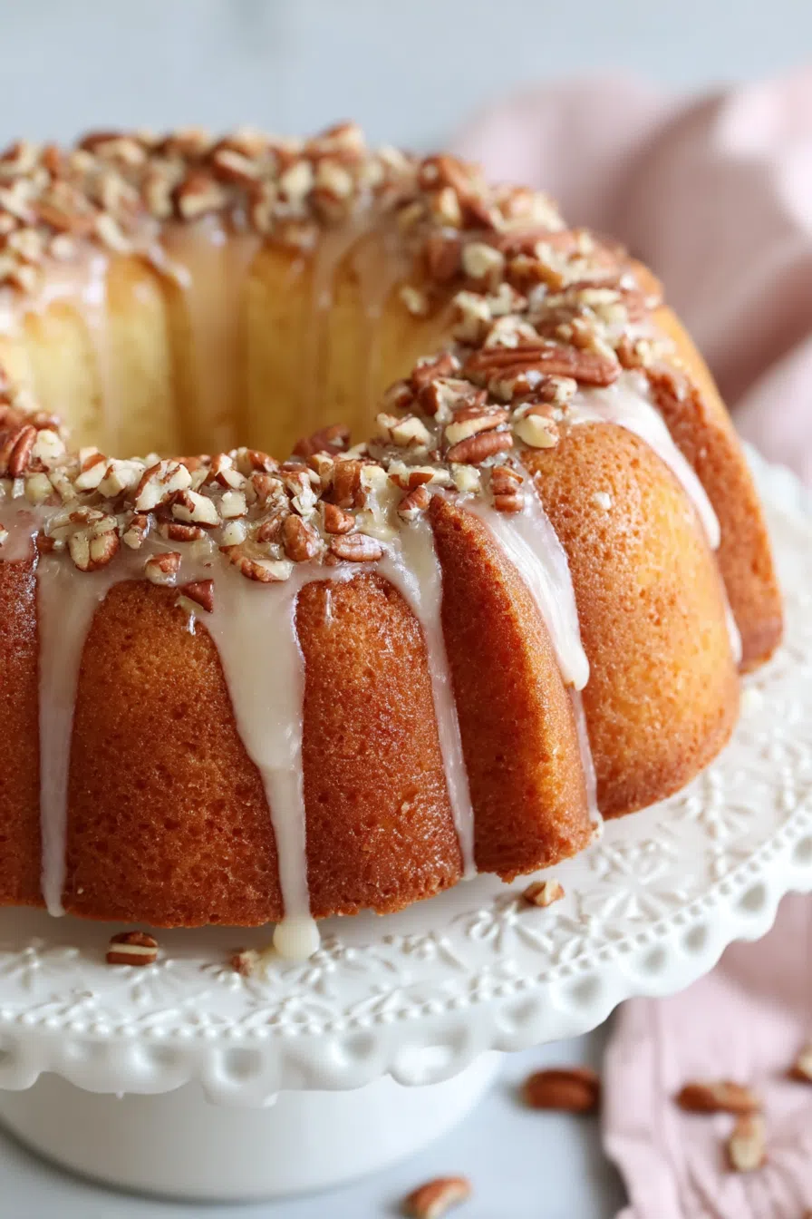 Close-up of a dense, rich cake interior with toasted nuts throughout.