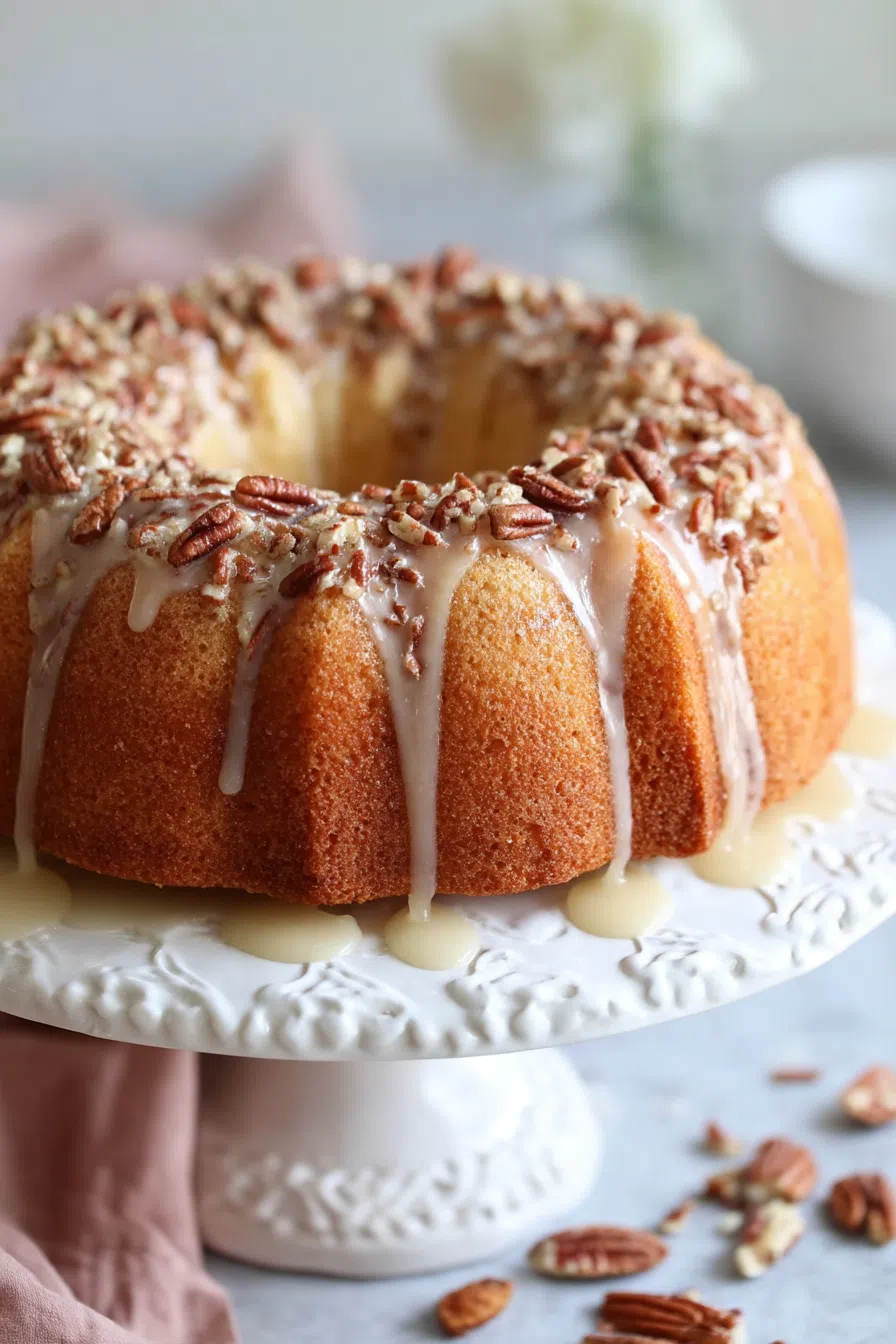 A golden-brown bundt cake drizzled with glaze and topped with chopped nuts.