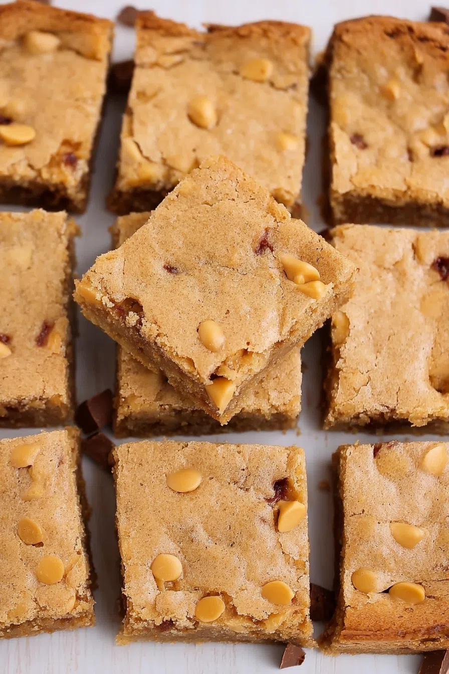 Overhead view of rich dessert squares with a soft interior.