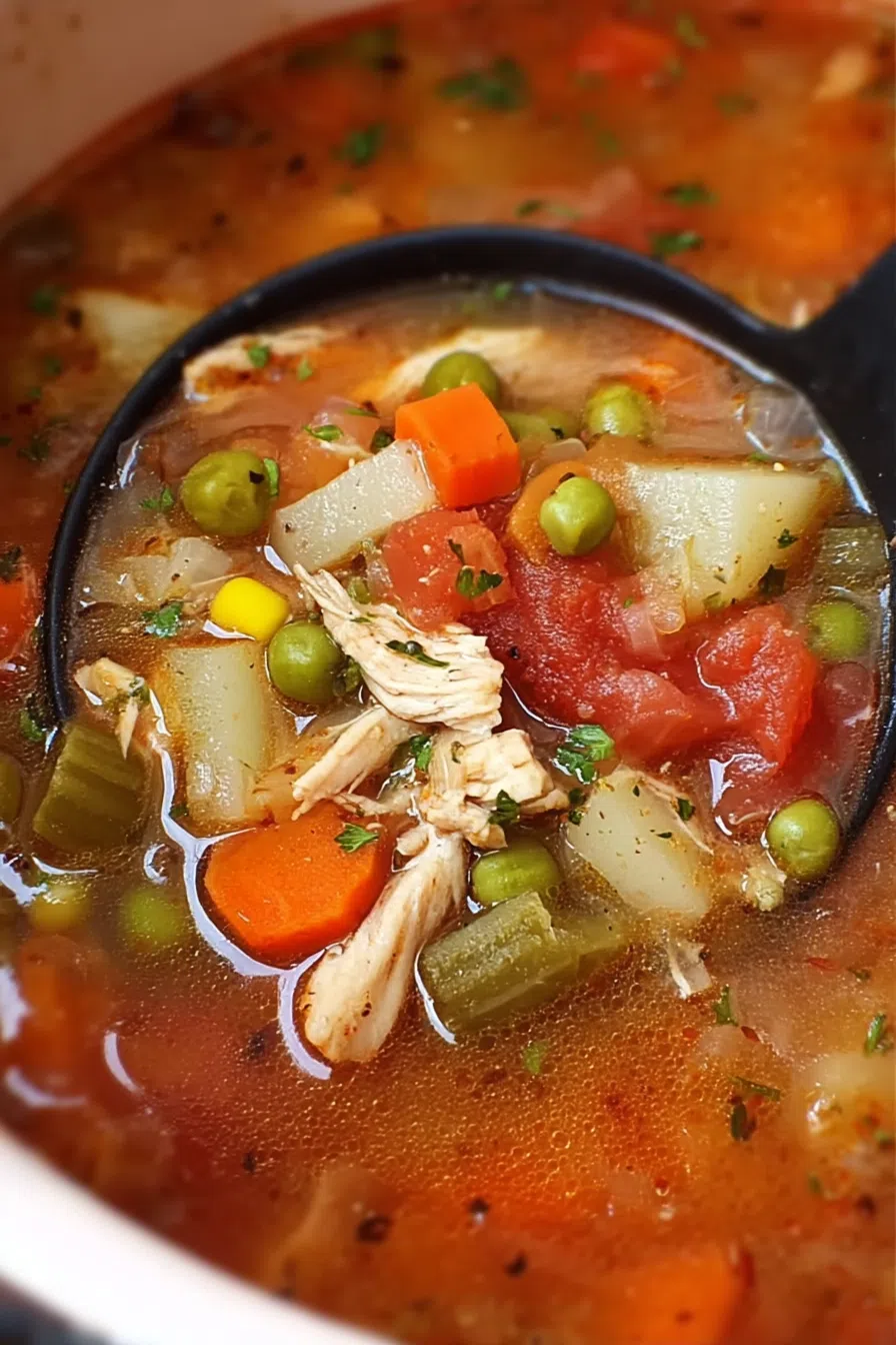 Close-up of a spoonful showing diced carrots, celery, and shredded meat.