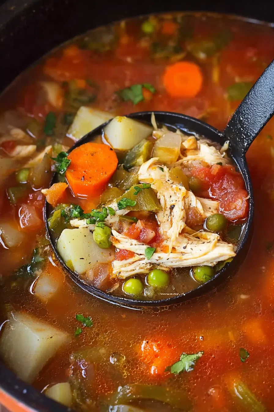 Bowl of hot soup filled with chunky vegetables in a clear broth.