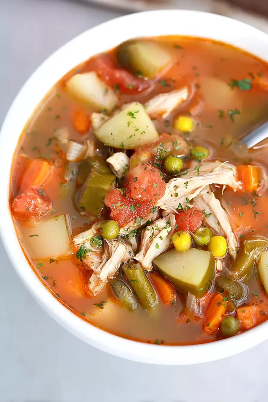 Rustic soup presentation with fresh herbs.