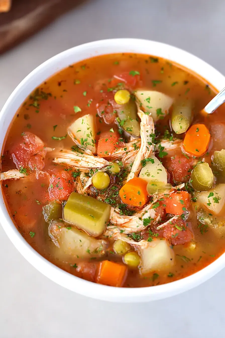 Overhead shot of a hearty, comforting soup served in a white ceramic bowl.
