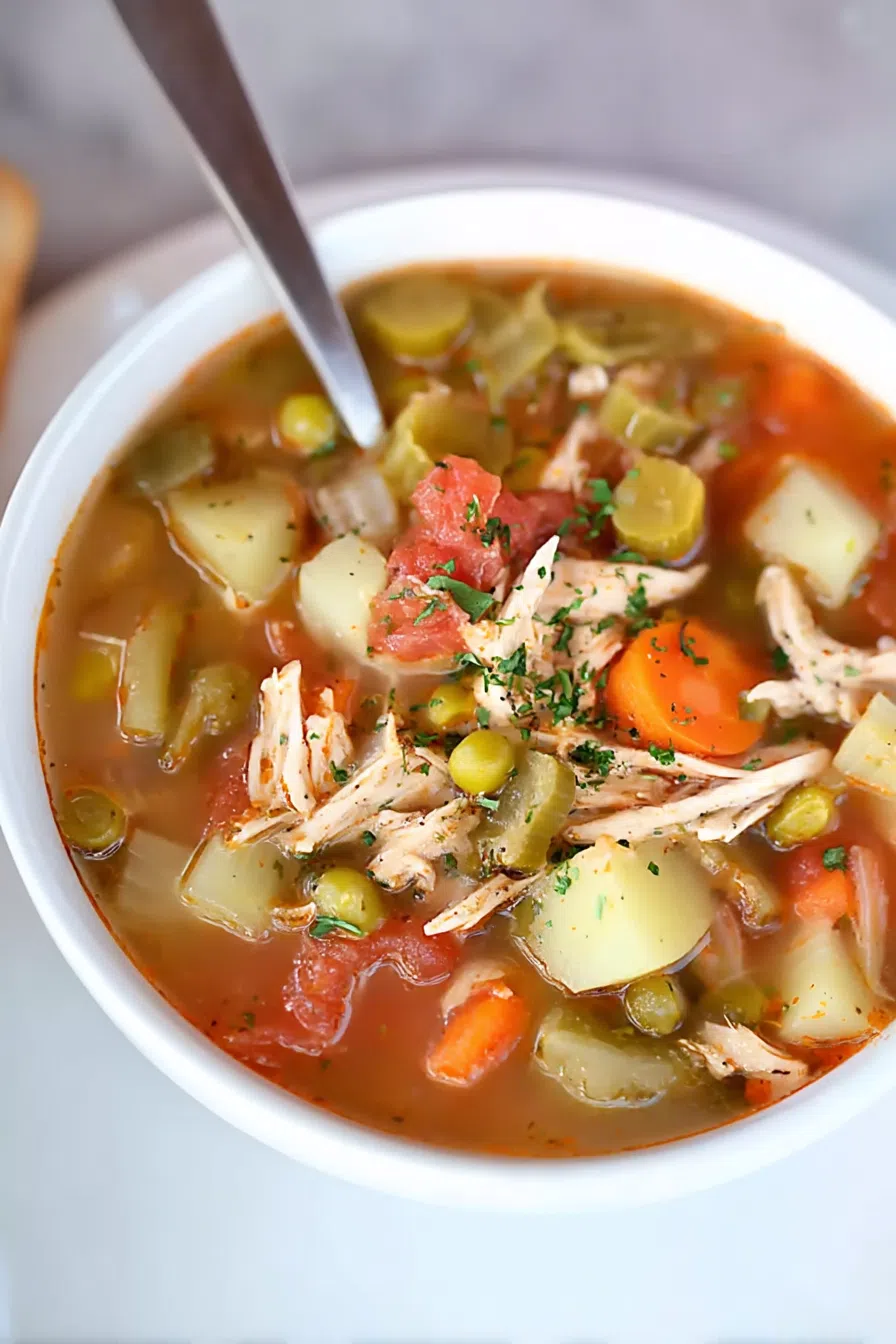 Warming bowl of chicken and veggie soup, ready to serve.