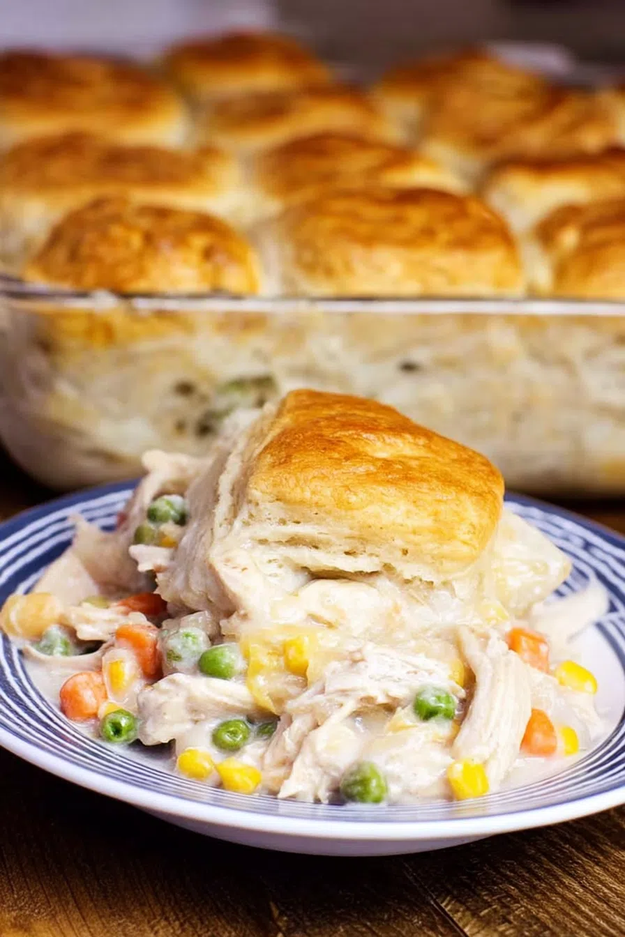 Overhead view of a bubbling, freshly baked savory dish with a biscuit crust.