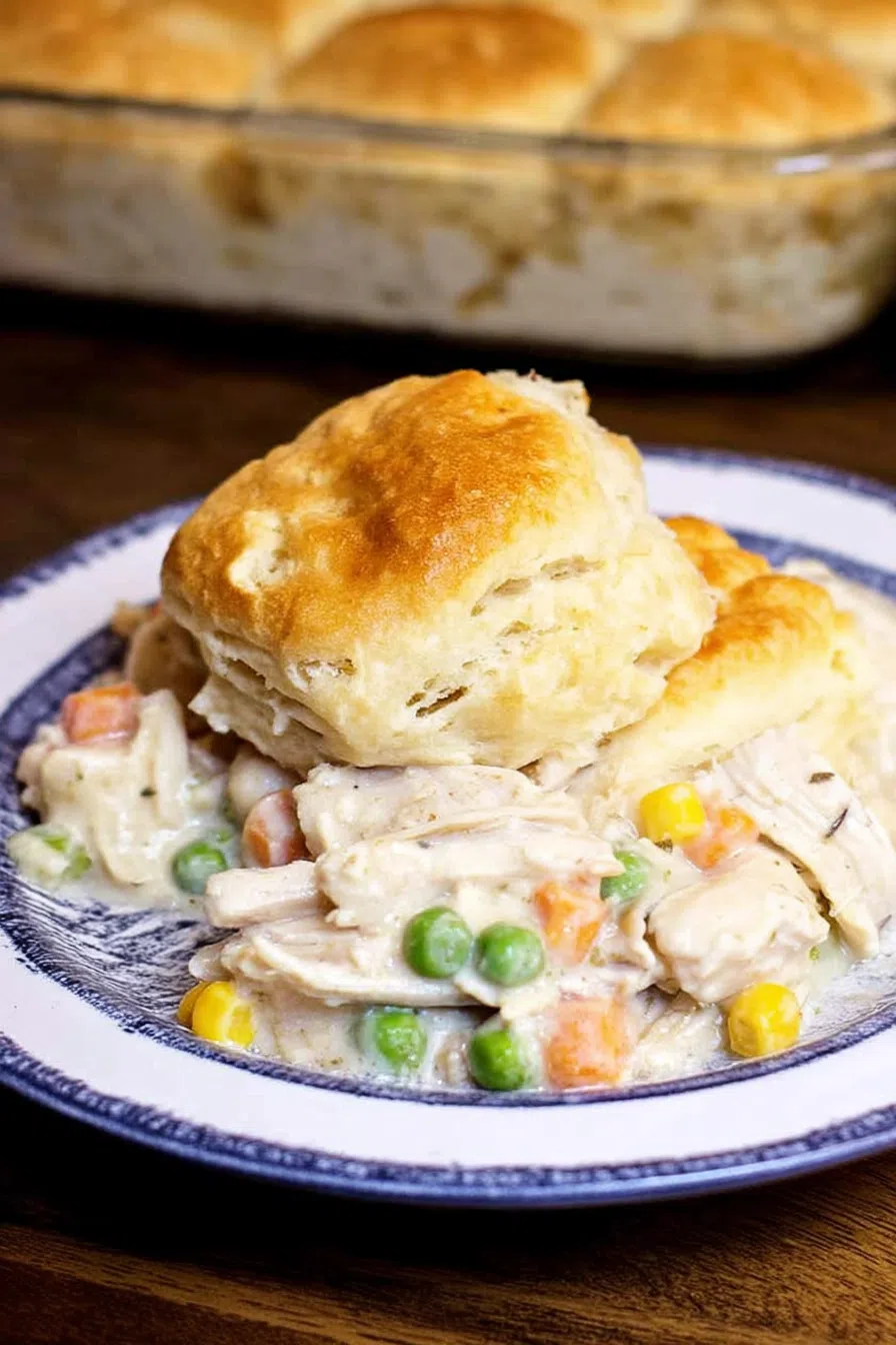 Close-up of a crispy biscuit edge with steam rising from the creamy interior.