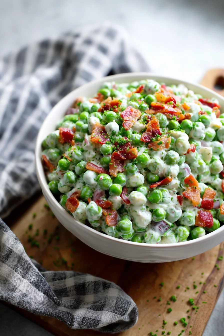 Top-down view of a vegetable salad garnished with crispy bacon and shredded cheese.
