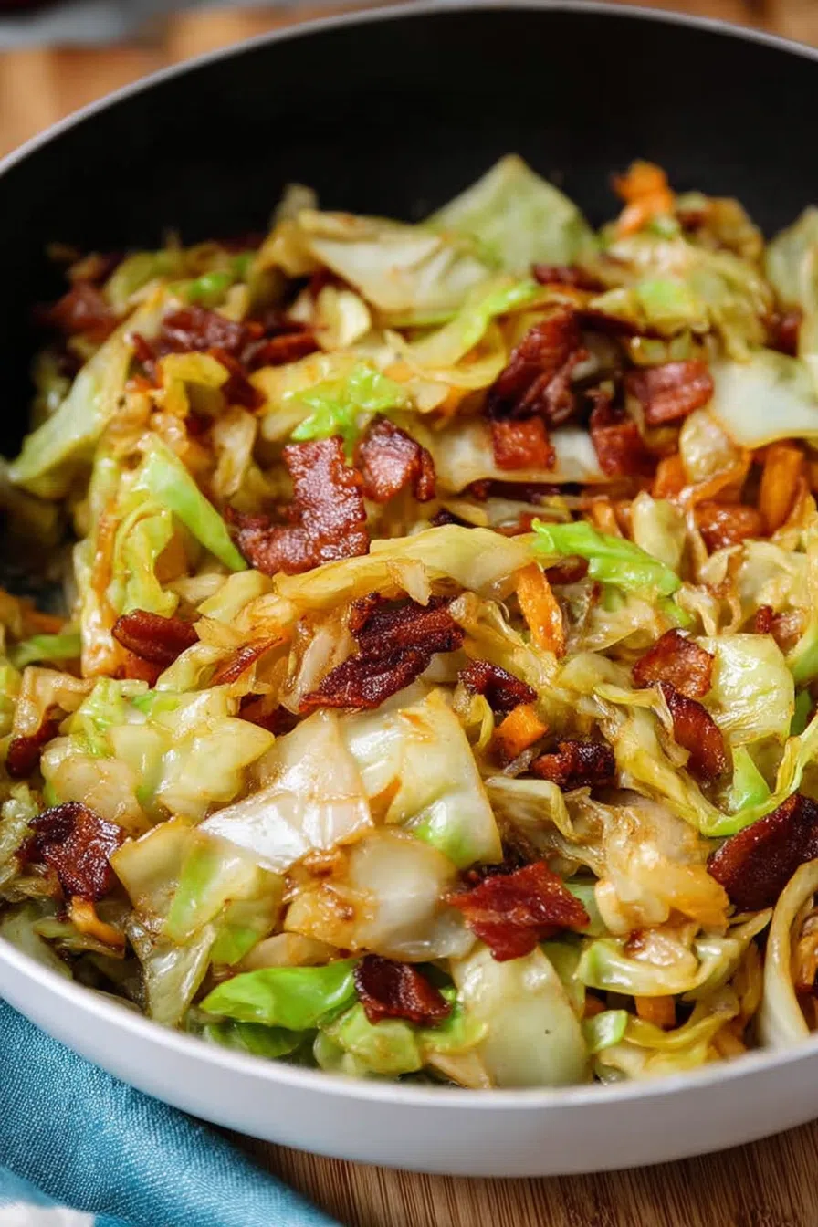 Close-up of sautéed greens with crispy edges and bits of onion.